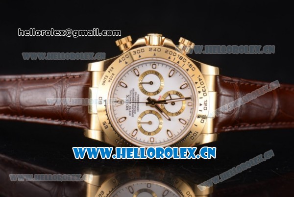 Rolex Cosmograph Daytona Clone Rolex 4130 Automatic Yellow Gold Case with White Dial Stick Markers and Brown Leather Strap (BP) - Click Image to Close